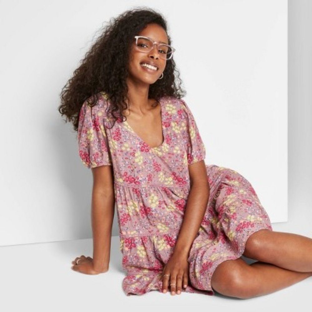 Wild Fable Mauve Floral Tiered Babydoll Dress